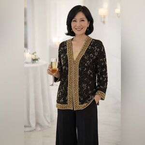 100% Silk Heavily Beaded Jacket Kazar Women’s Large Black‎ Gold